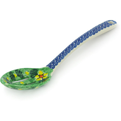 Polish Pottery Slotted Serving Spoon 13&quot; Yellow Pairs UNIKAT