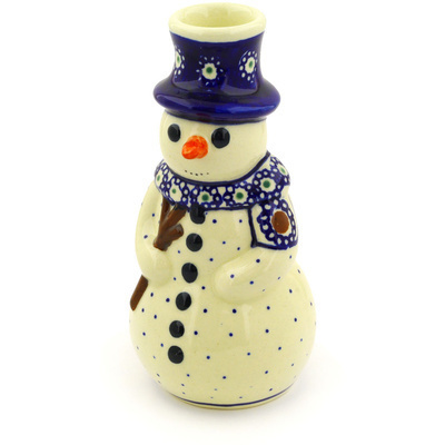 Polish Pottery Snowman Candle Holder 6&quot; Flowery Americana