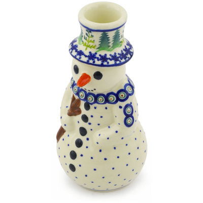 Polish Pottery Snowman Candle Holder 6&quot; Winter Ferns