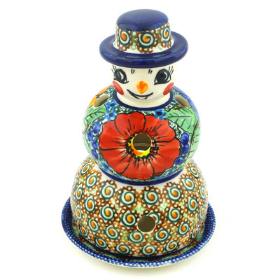 Polish Pottery Snowman Candle Holder 7&quot; Summer Happiness UNIKAT