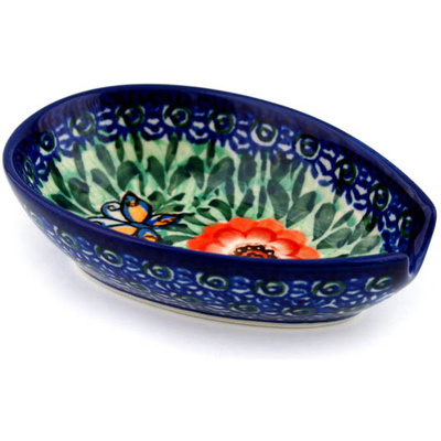 Polish Pottery Spoon Rest 5&quot; Butterfly Peach Poppies UNIKAT