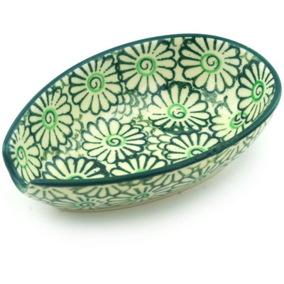 Polish Pottery Spoon Rest 5&quot; Green Daisies