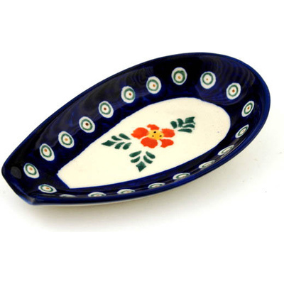 Polish Pottery Spoon Rest 5&quot; Poinsetia Peacock