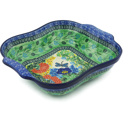 Polish Pottery Square Baker with Handles 11&quot; Dragonfly Delight UNIKAT