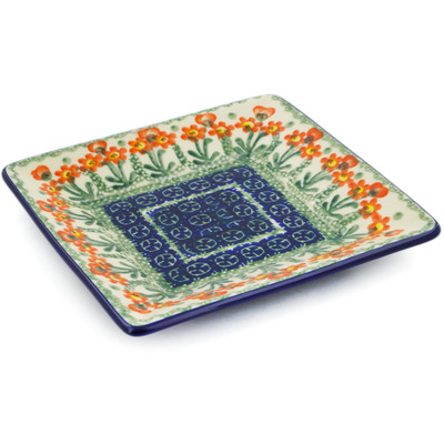 Polish Pottery Square Plate 6&quot; Peach Spring Daisy