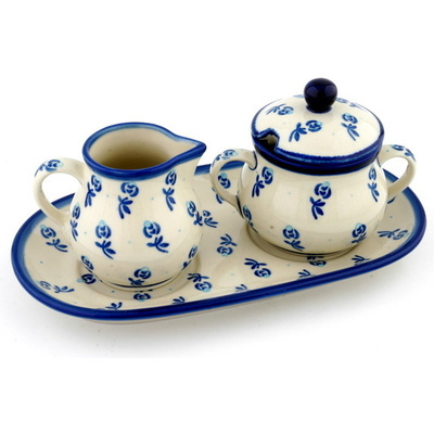 Polish Pottery Sugar and Creamer Set 10&quot; Blue Spring Roses