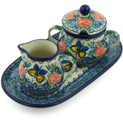 Polish Pottery Sugar and Creamer Set 10&quot; Butterfly Boutique UNIKAT