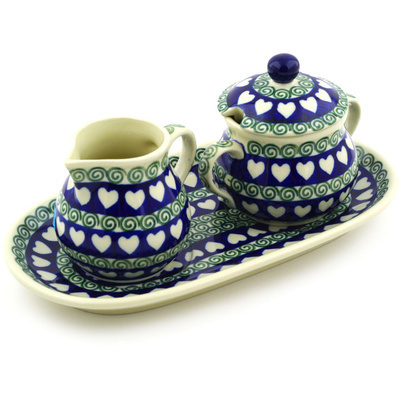 Polish Pottery Sugar and Creamer Set 10&quot; My Heart Belongs To You