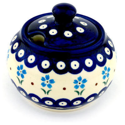 Polish Pottery Sugar Bowl 10 oz Sky Blue Daisy