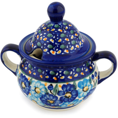 Polish Pottery Sugar Bowl 12 oz Baby Blue Bouquet UNIKAT