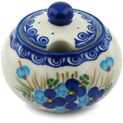 Polish Pottery Sugar Bowl 12 oz Blue Pansy