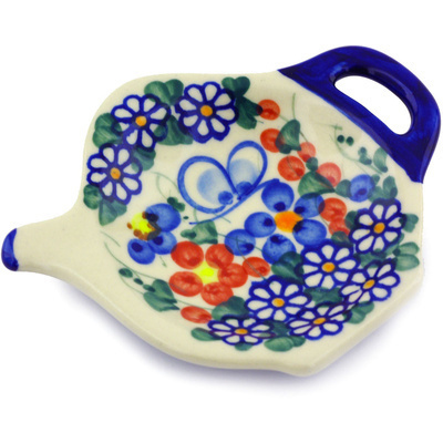 Polish Pottery Tea Bag or Lemon Plate 5&quot; Butterfly Garden UNIKAT