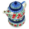 Polish Pottery Tea or Coffe Pot with Heater 15 oz Red Pansy