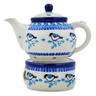 Polish Pottery Tea or Coffe Pot with Heater 15 oz Winter Sparrow