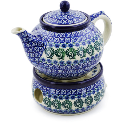 Polish Pottery Tea or Coffe Pot with Heater 40 oz Cobalt Fiddleheads