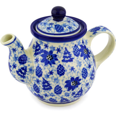 Polish Pottery Tea or Coffee Pot 13 oz Blue Christmas