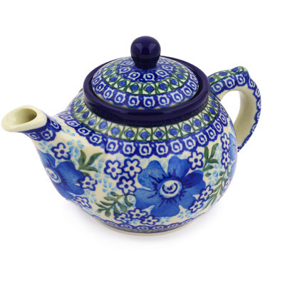 Polish Pottery Tea or Coffee Pot 13 oz Garden Blues UNIKAT