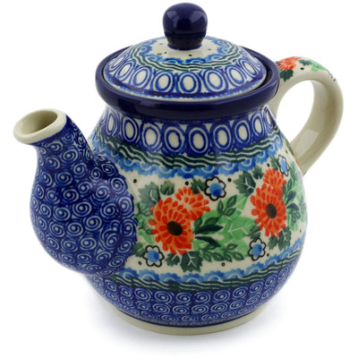 Polish Pottery Tea or Coffee Pot 20 oz Orange Calendulas UNIKAT