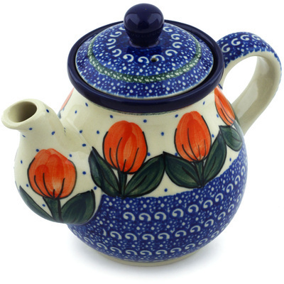 Polish Pottery Tea or Coffee Pot 20 oz Red Tulip Circle UNIKAT