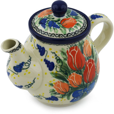 Polish Pottery Tea or Coffee Pot 20 oz Tulip Bouquet UNIKAT