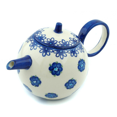 Polish Pottery Tea or Coffee Pot 22 oz Blue Flower Halo UNIKAT