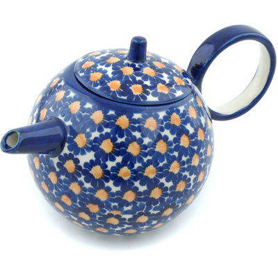 Polish Pottery Tea or Coffee Pot 22 oz Blue Sunflower UNIKAT