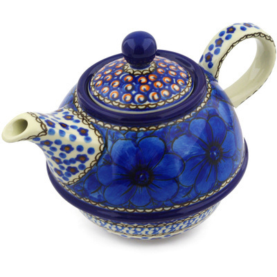 Polish Pottery Tea or Coffee Pot 22 oz Cobalt Poppies UNIKAT