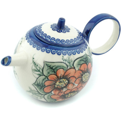 Polish Pottery Tea or Coffee Pot 22 oz Orange Bouquet UNIKAT