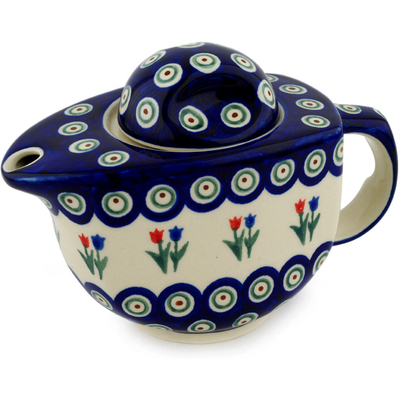 Polish Pottery Tea or Coffee Pot 22 oz Tulip Pair Peacock