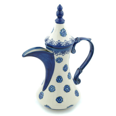 Polish Pottery Tea or Coffee Pot 23 oz Blue Flower Halo UNIKAT