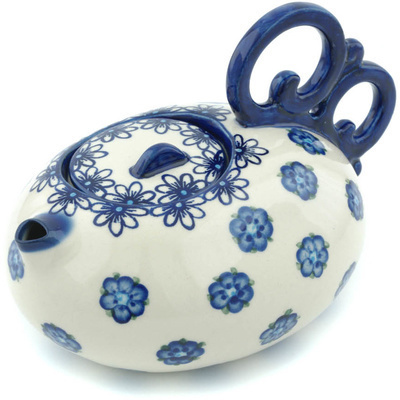Polish Pottery Tea or Coffee Pot 27 oz Blue Flower Halo UNIKAT