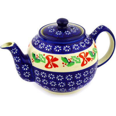 Polish Pottery Tea or Coffee Pot 4 Cup Christmas Bows
