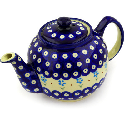 Polish Pottery Tea or Coffee Pot 4 Cup Sky Blue Daisy