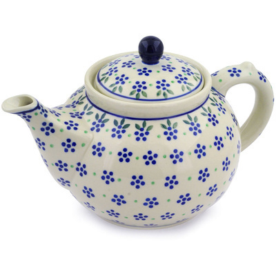 Polish Pottery Tea or Coffee Pot 5 cups Blue Daisy Dot