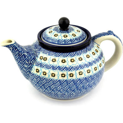 Polish Pottery Tea or Coffee Pot 5 cups Woven Blue Basket