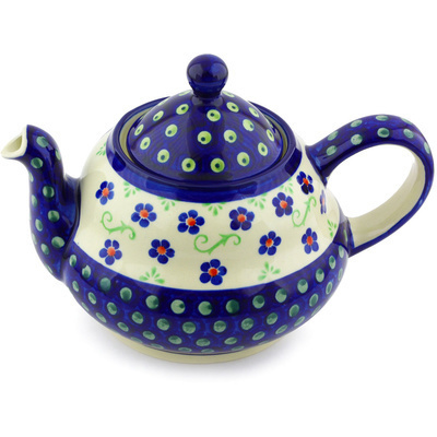 Polish Pottery Tea or Coffee Pot 52 oz Blue Daisy Dance