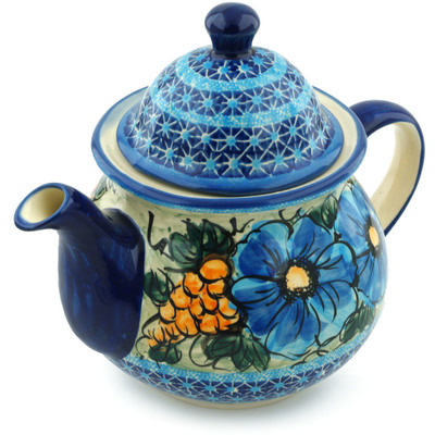 Polish Pottery Tea or Coffee Pot 54 oz Corn In The Blue UNIKAT