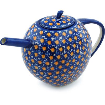 Polish Pottery Tea or Coffee Pot 55 oz Blue Sunflower UNIKAT