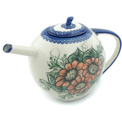 Polish Pottery Tea or Coffee Pot 55 oz Orange Bouquet UNIKAT