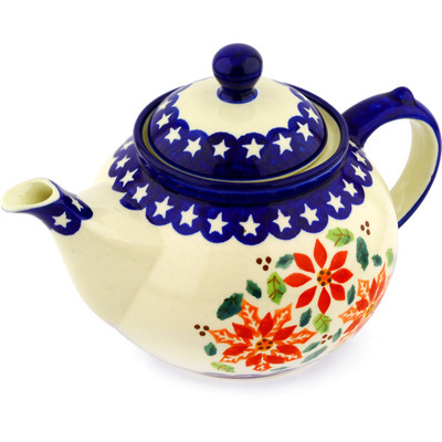 Polish Pottery Tea or Coffee Pot 6 Cup Holiday Poinsettias