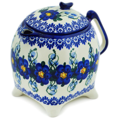 Polish Pottery Tea or Coffee Pot 62 oz Blue Wildflower UNIKAT