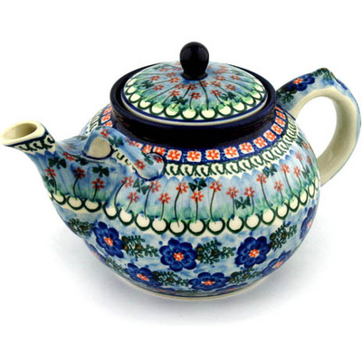 Polish Pottery Tea or Coffee Pot 7 cups Blue Poppy Circle UNIKAT