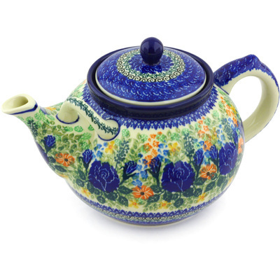Polish Pottery Tea or Coffee Pot 7 cups Blue Rose Love UNIKAT