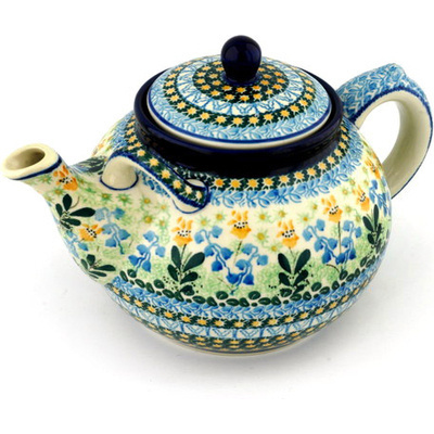 Polish Pottery Tea or Coffee Pot 7 cups Bluebells And Irises UNIKAT