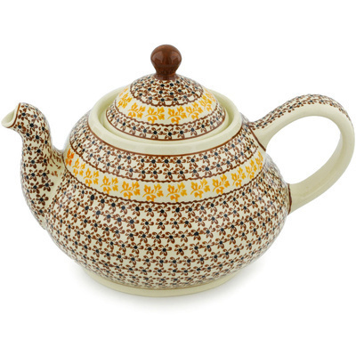 Polish Pottery Tea or Coffee Pot 76 oz Brown Daisy Delight