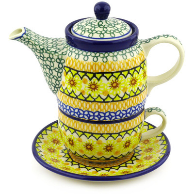 Polish Pottery Tea Set for One 17 oz Geometric Sunflower