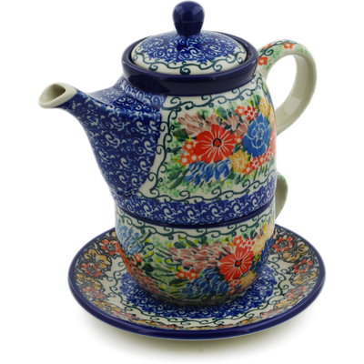 Polish Pottery Tea Set for One 17 oz Glorious Bouquet UNIKAT