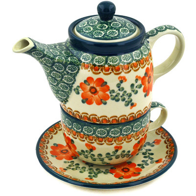 Polish Pottery Tea Set for One 17 oz Orange Poppies