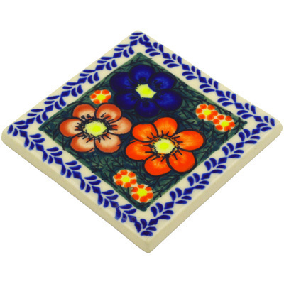 Polish Pottery Tile 4&quot; Rainbow Poppies UNIKAT