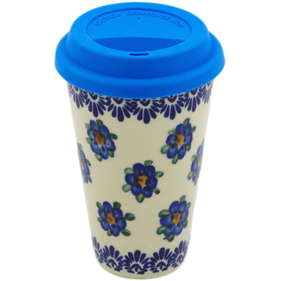 Polish Pottery Travel Coffee Mug Blue Flower Halo UNIKAT